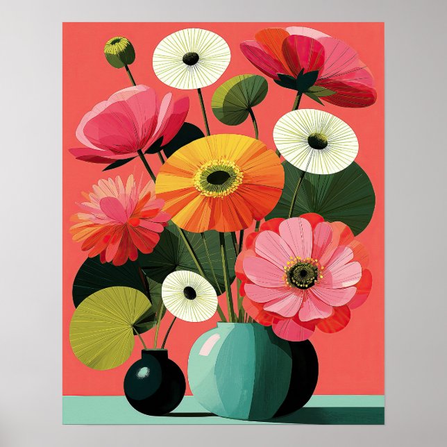 Midcentury blomstergyllen stilleben korallväggkons poster (Framsidan)