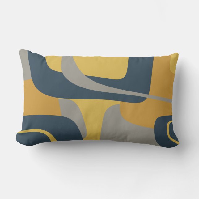 Midcentury Modern Abstrakt 2 Mustard Marinblå Grå Lumbarkudde (Framsida)