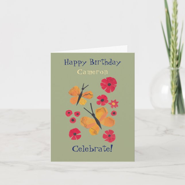 MidCentury Modern Orange Butterfly Cute Birthday Kort (Framsida)