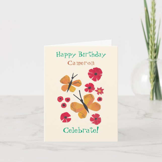 MidCentury Modern Orange Butterfly Cute Birthday Kort (Framsida)