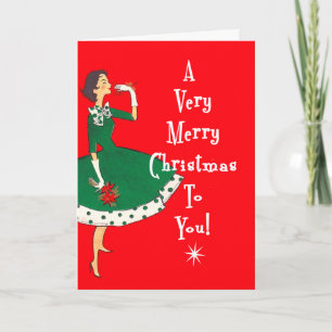 MidCentury Modern Single Girl God jul Red Helgkort