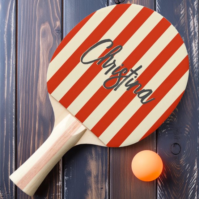 MidCentury Polo Striping Blod Orange Målade Namn Pingisracket (Skapare uppladdad)