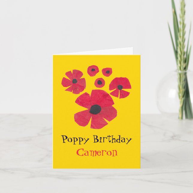 MidCentury Red Poppies Cute Gult Birthday Kort (Framsida)