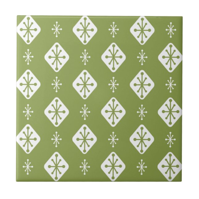 Midcentury Starbursts Diamonds Olive Green Kakelplatta (Framsidan)