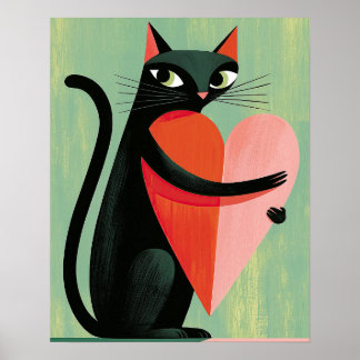 Midcentury svart katt hjärta salvia grön poster