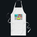 middag Apron 1950 Långt Förkläde<br><div class="desc">upp något speciellt med 1950 års Middag Apron. Tecknad teckning har en röd tegelsten som bygger med blå fönster, dörrar för grått dubbla och en vit skylt som säger "Middag" på tak. I parkeringsplatsen finns ett andra tecken på en pola. Tecknet har en turkobakgrund och en blinkande röd pil som...</div>