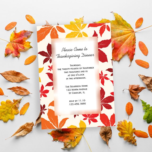 Middag för Höst löv Thanksgiving i Färgad Inbjudningar (Invite friends to gather for Thanksgiving with this Fall Leaves invitation.)