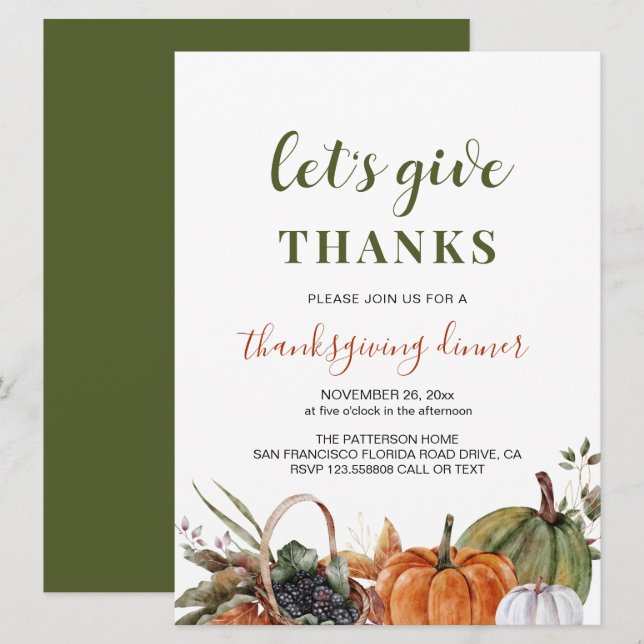 Middag för minimal Thanksgiving med enkel Grönt Inbjudningar (Fram/baksida)