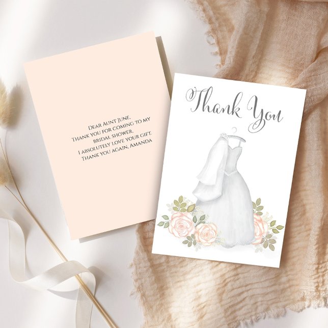 Middag före bröllop Tack Bröllopsklänning (Bridal shower thank you card with elegant white wedding dress. )
