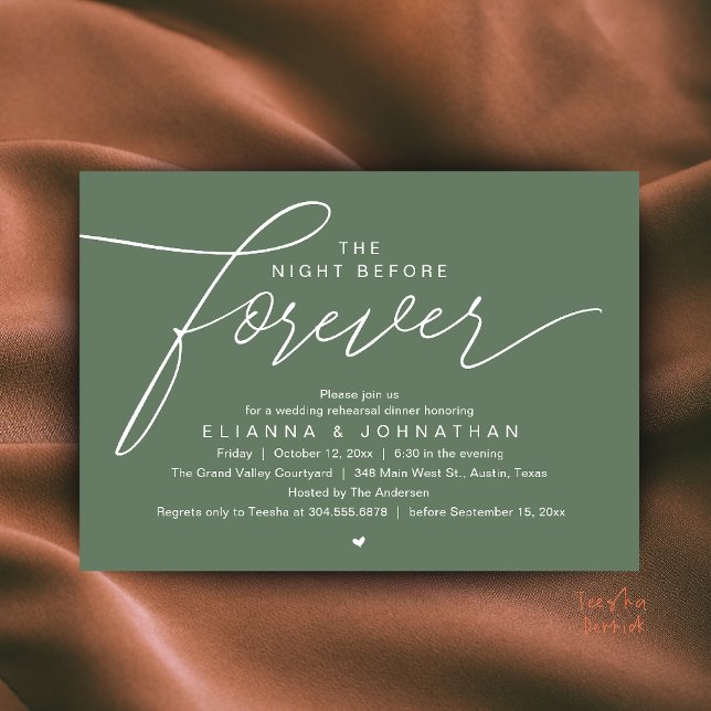 Middag före bröllopet, modern elegant manus inbjudningar (The Night Before Forever, Wedding Rehearsal Dinner, Modern Elegant Invites Card in Sage Green)
