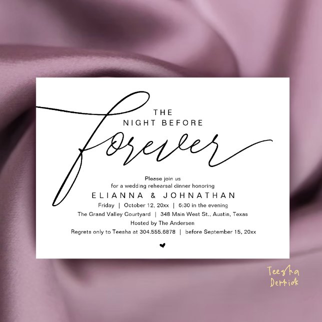Middag före bröllopet, modern elegant manus inbjudningar (The Night Before Forever, Wedding Rehearsal Dinner, Modern Elegant Invites Card in Black and White)