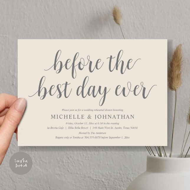 Middag inför bröllpet, före den bästa dagen någons inbjudningar (Before the best day ever, wedding rehearsal dinner invitation card, PDF, in Cream Grey)