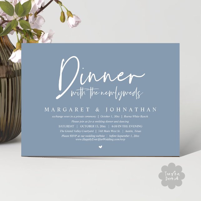 Middag med det nygifta paret, Bröllopsfest för de  Inbjudningar (Dinner with the Newlyweds, Modern Wedding Elopement Party Invitation Card PDF Dusty Blue)