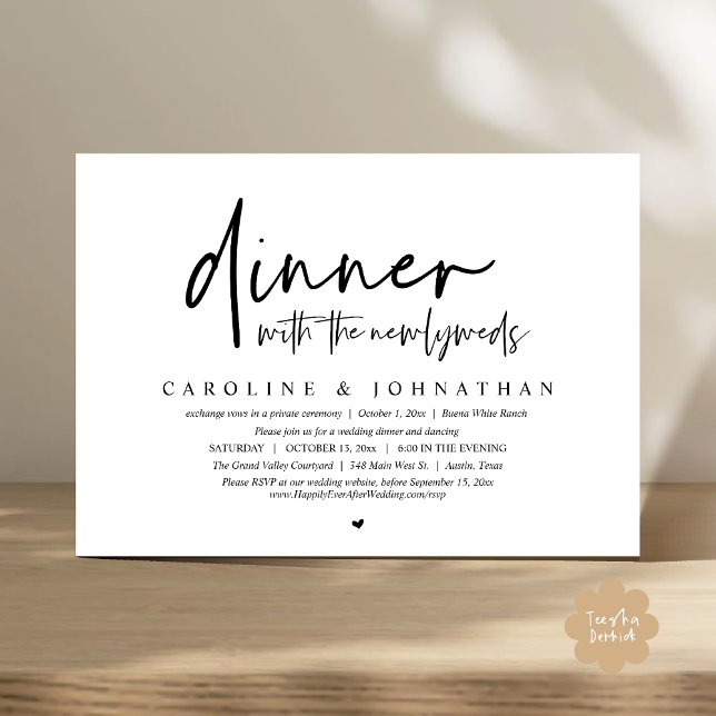 Middag med Newlyweds, Bröllop Elopement Party Inbjudningar (Dinner with the Newlyweds, Modern Wedding Elopement Party Invitation Card PDF Black White)