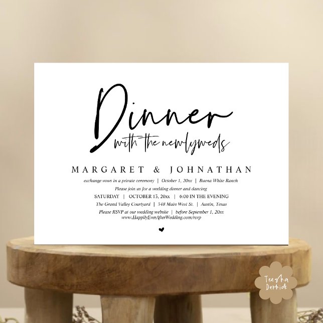 Middag med Newlyweds, Bröllop Elopement Party Inbjudningar (Dinner with the Newlyweds, Modern Wedding Elopement Party Invitation Card PDF Black White)
