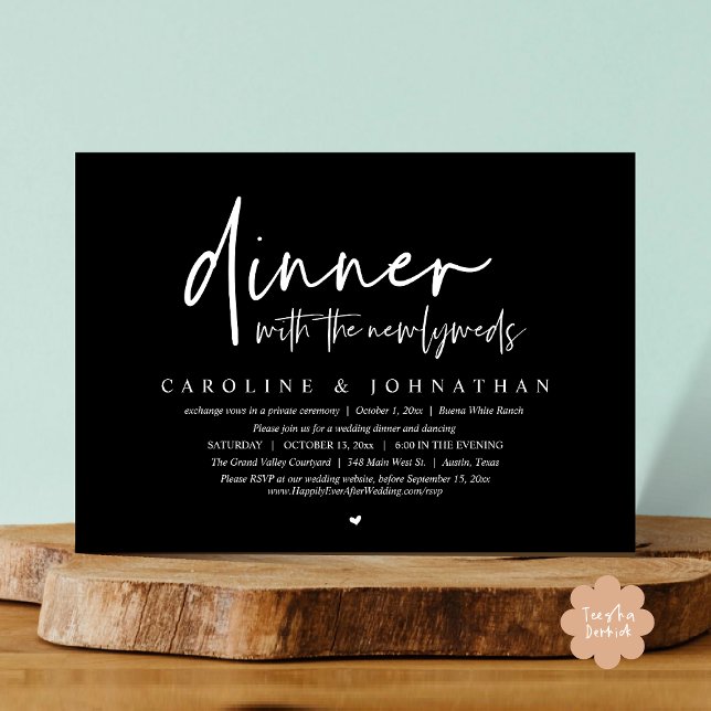 Middag med Newlyweds, Bröllop Elopement Party Inbjudningar (Dinner with the Newlyweds, Modern Wedding Elopement Party Invitation Card PDF Black White)