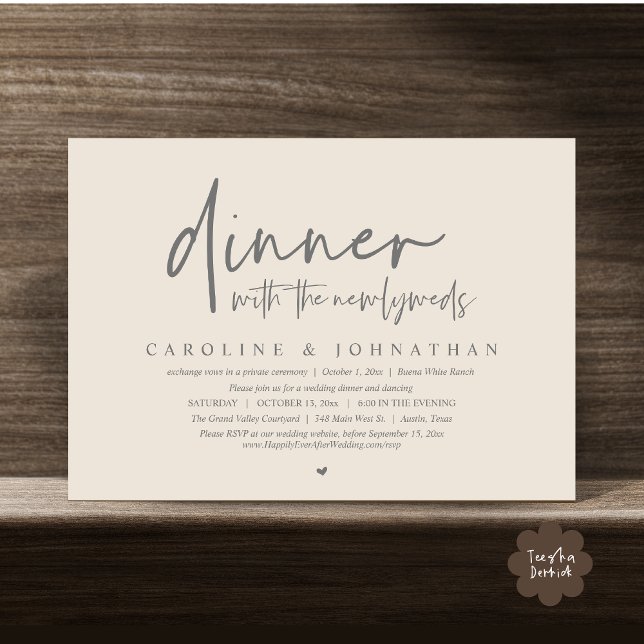 Middag med Newlyweds, Bröllop Elopement Party Inbjudningar (Dinner with the Newlyweds, Modern Wedding Elopement Party Invitation Card PDF Cream Grey)