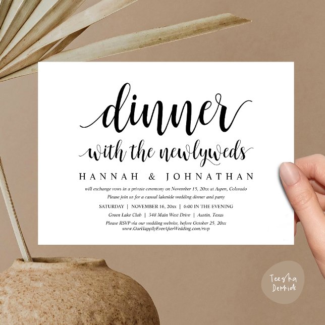 Middag med nylweds, Bröllop Elopement Inbjudningar (Dinner with the newlyweds, Wedding Elopement Invitation Card PDF Modern Rustic Party Black White)