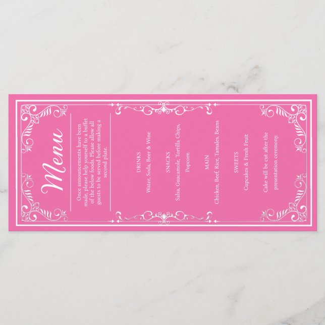 Middag Menu - Rosa Princess Quinceañera Meny (Framsida)