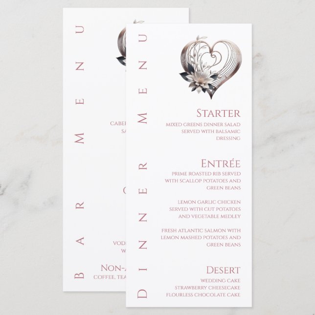 Middag och Pub menu-Modern Rosa Heart med blommor Meny (Fram/baksida)