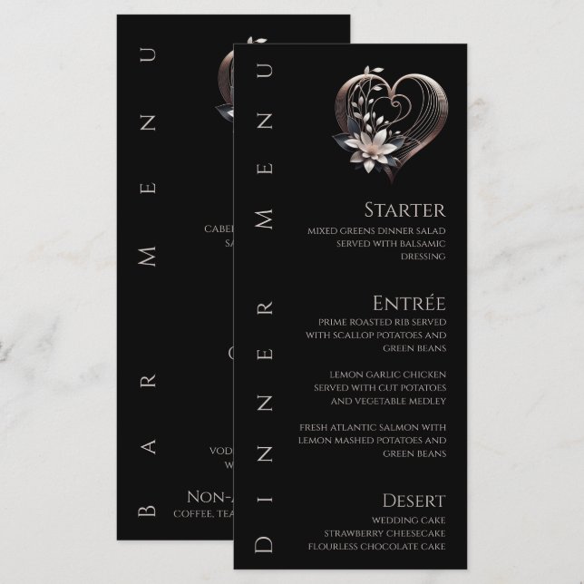 Middag och Pub menu-Modern Rosa Heart med blommor Meny (Fram/baksida)
