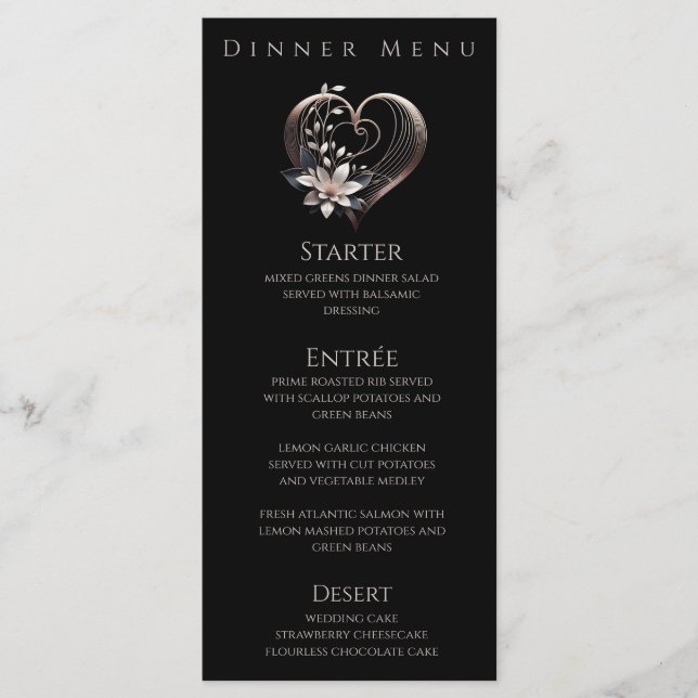 Middag och Pub menu-Modern Rosa Heart med blommor Meny (Framsida)
