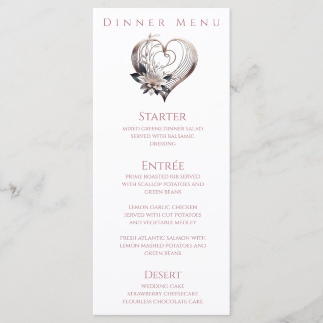 Middag och Pub menu-Modern Rosa Heart med blommor Meny (Framsida)