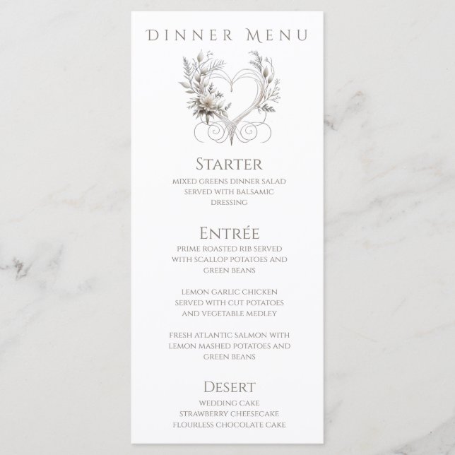 Middag- och Pub-menu-White Flowers med hjärta Meny (Framsida)