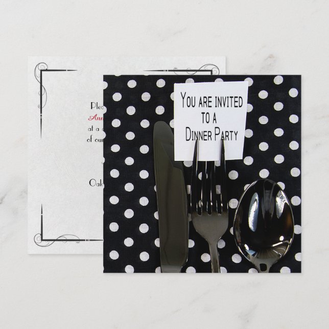 middag party inbjudan på svart silvergods (Fram/baksida)