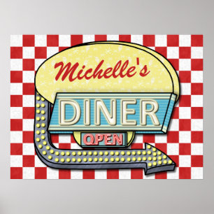 Middag Retro 50s Red Checkered Anpassat namn Poster