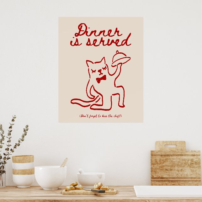 Middag Serveras Röd & Beige Minimal Katt Affisch (Kök)