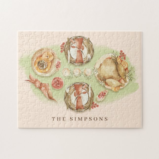 Middagsfamilj för vattenfärg, Thanksgiving Pussel (Horisontell)