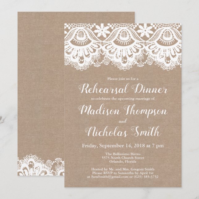 Middagsinbjudningar till Burlap och Snöre Inbjudningar (Fram/baksida)