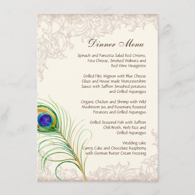 Middagsmeny för bröllop Vintage Påfågelsfjäder ets Meny (Framsida)