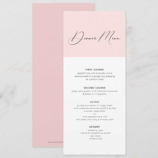 Middagsmeny typografi minimalistisk rosa och vit inbjudningar (Fram/baksida)