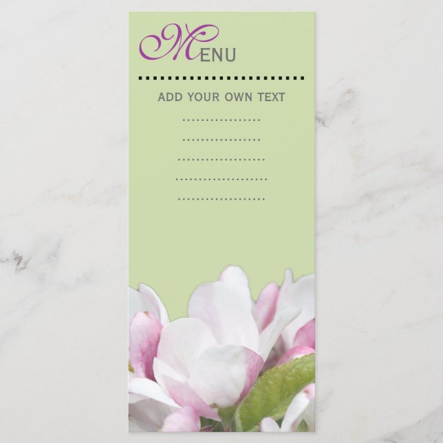 Middagsmenykort, rosa äppelblommor. meny (Framsida)