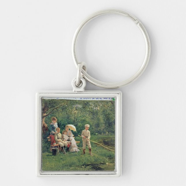 Middagsol, 1881 fyrkantig silverfärgad nyckelring (Framsidan)