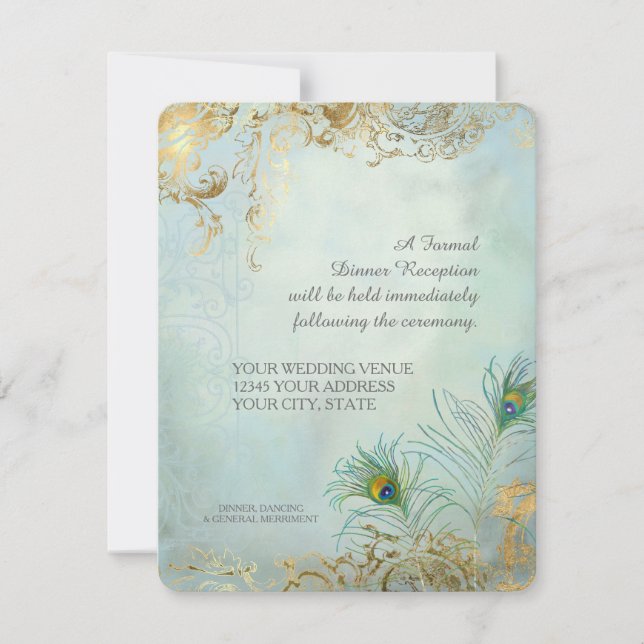 Middagsreception Påfågelsfjädrar Elegant Bröllop Inbjudningar (Framsida)