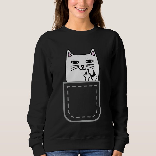 Middle Finger Cat Pocket Funny Cartoon Cat White P T Shirt (Framsida)