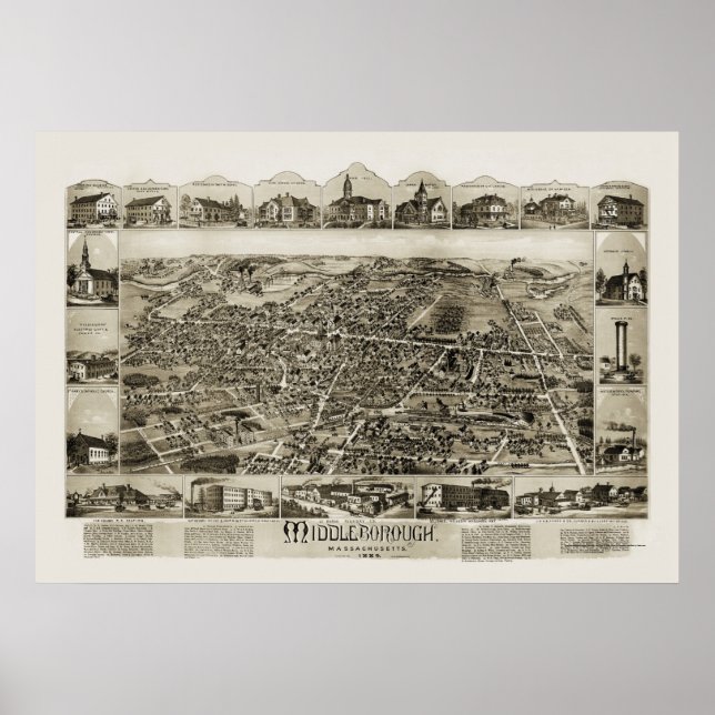 Middleborough, MORSA Panoramic Karta - 1889 Poster (Framsidan)