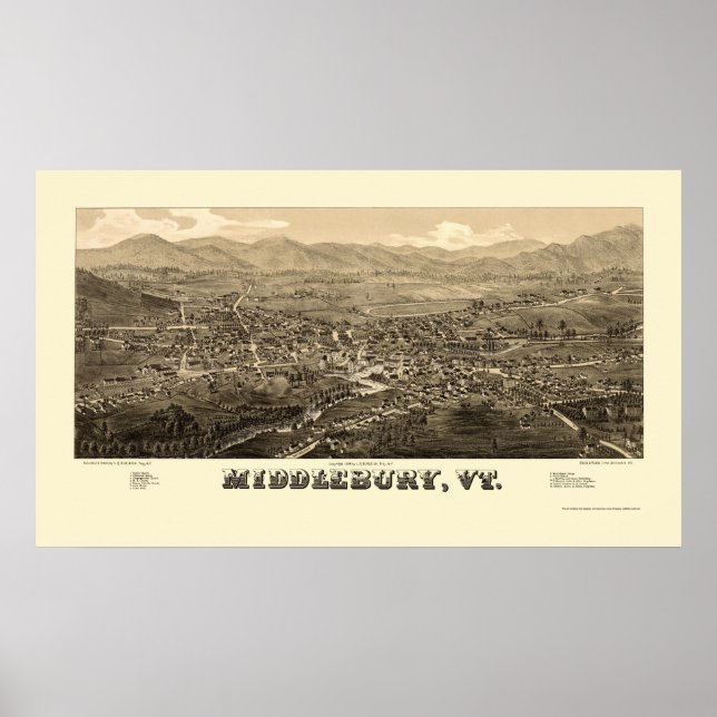 Middlebury, VT Panoramic Karta - 1886 Poster (Framsidan)