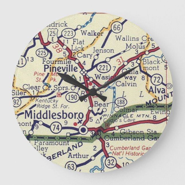 Middlesboro KY Vintage Karta Stor Klocka (Framsida)