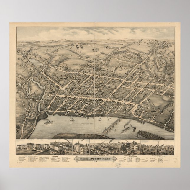 Middletown Connecticut 1877 Antique Panoramic Kart Poster (Framsidan)