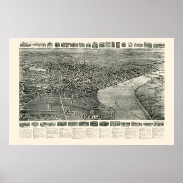 Middletown, CT Panoramic Karta - 1915 Poster (Framsidan)