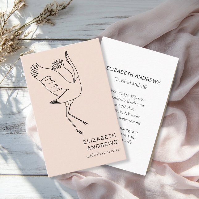 Midfru, Storch, Beige-Brown Visitkort (Modern, beige-brown business card. Line Art Illustration, Storch. For childcare, midwives and more.)