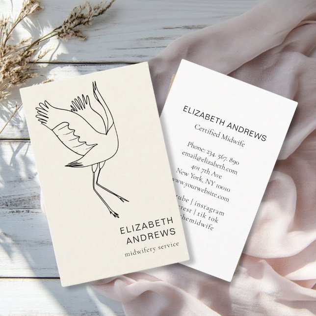 Midfru, Storch, Beige Visitkort (Modern, beige business card. Line Art Illustration, Storch. for childcare, midwives and more.)