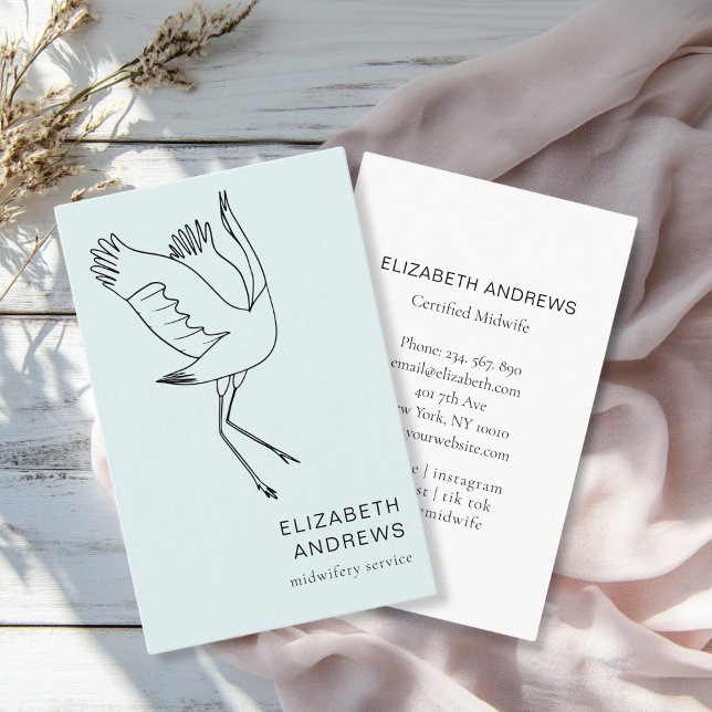 Midfru, Storch, Blue Visitkort (Modern, blue business card. Line Art Illustration, Storch. For childcare, midwives and more.)