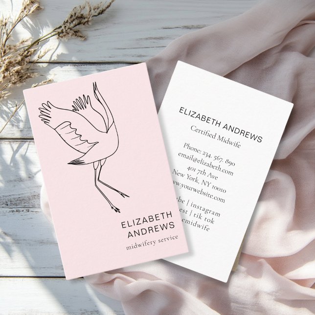 Midfru, Storch, Light-Rosa Visitkort (Modern, light pink business card. Line Art Illustration, Storch. For childcare, midwives and more.)