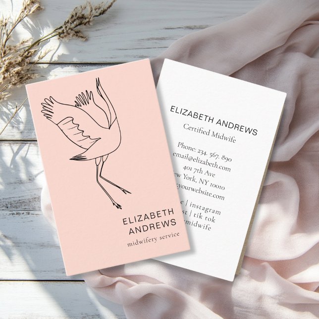 Midfru, Storch, persiko- Visitkort (Modern, peach-blush business card. Line Art Illustration, Storch. For childcare, midwives and more.)