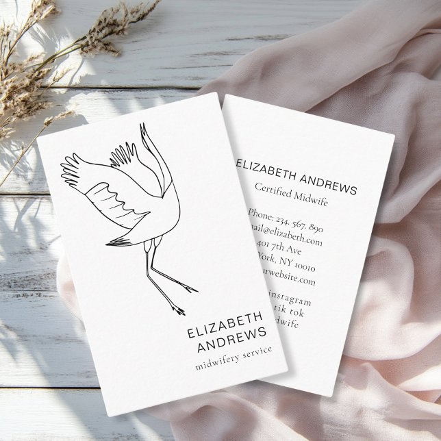 Midfru, Storch, White Visitkort (Modern, white business card. Line Art Illustration, Storch. For childcare, midwives and more.)